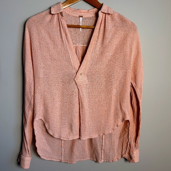 Free People Collared‎ V-Neck Long Sleeve Cotton Cover-Up Top High/Low Peach XS - Picture 1 of 12